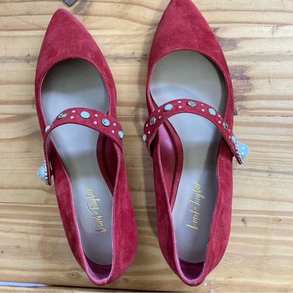 Lord &Taylor size 6.5 Red Suede Flats with Stones on Strap Good Condition - Picture 9 of 12